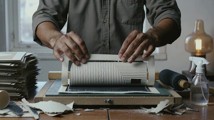 Aligning sheet, artisan in button-up rolling embossing roller at workbench, pressing ribbed pattern