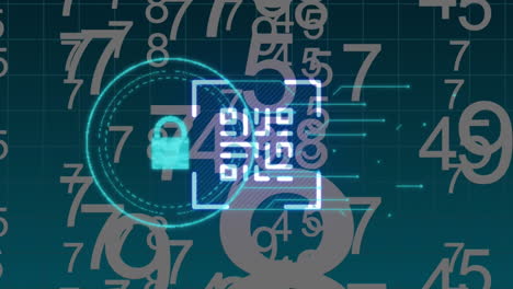 animación del código qr y el icono del candado sobre el procesamiento de datos en fondo negro