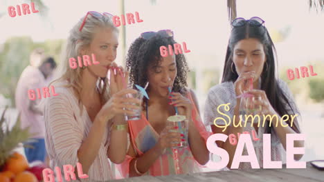 animation of girl, summer sale text over happy diverse female friends having cocktails at sunny bar