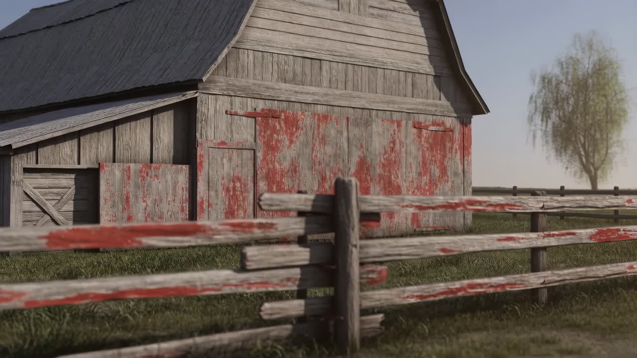 Weathered Wooden Barn with Peeling Red Paint and Fence