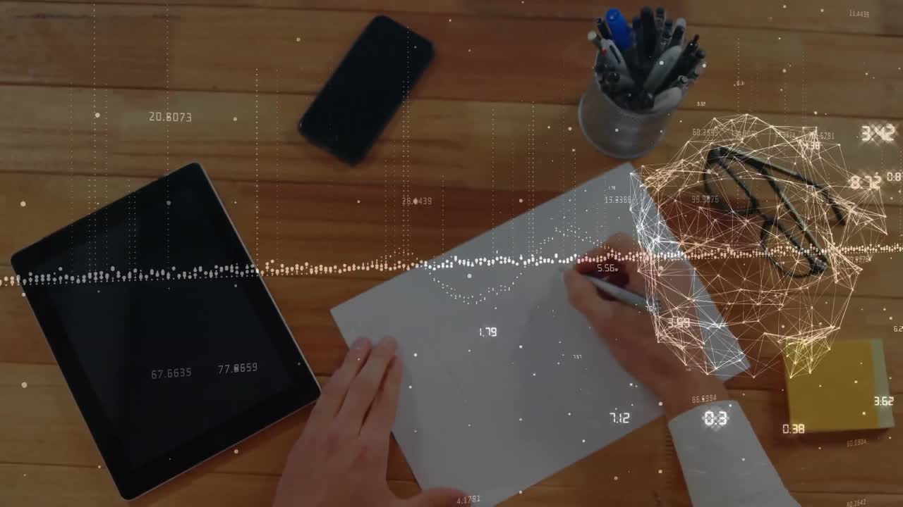 금융 데이터 처리의 애니메이션과 지구 위의 인간 글쓰기