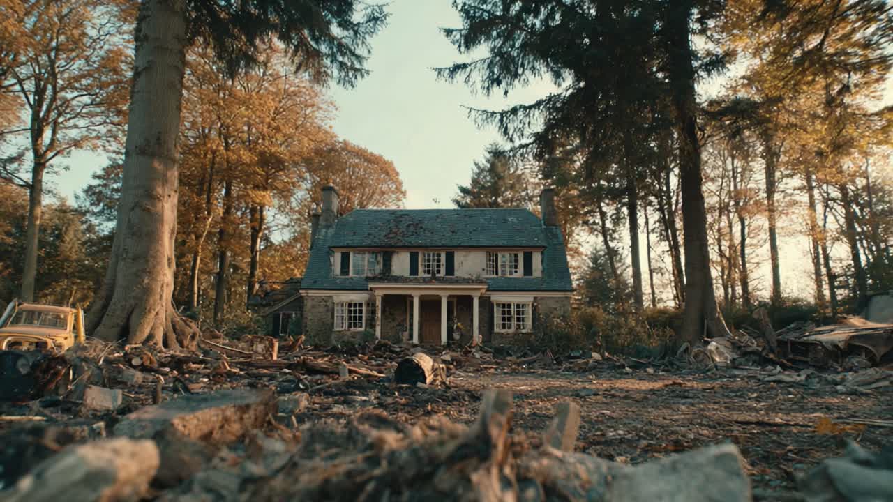 Abandoned House Surrounded by Nature: A Haunting Ruin Captured at Golden Hour, Showcasing Decay Amidst the Beauty of Autumn Leaves and Dense Forestry