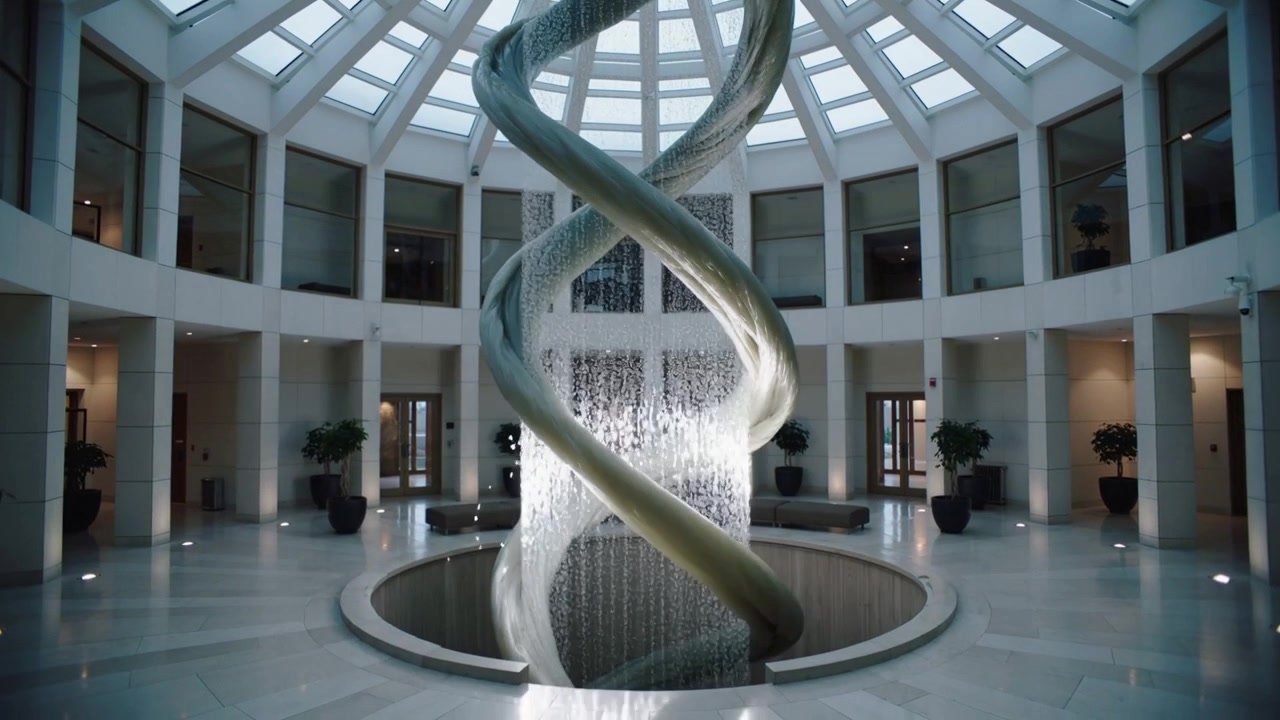 Luces de piso iluminadas, hélice que muestra un velo de agua iluminando el atrio, resaltando columna y piscina