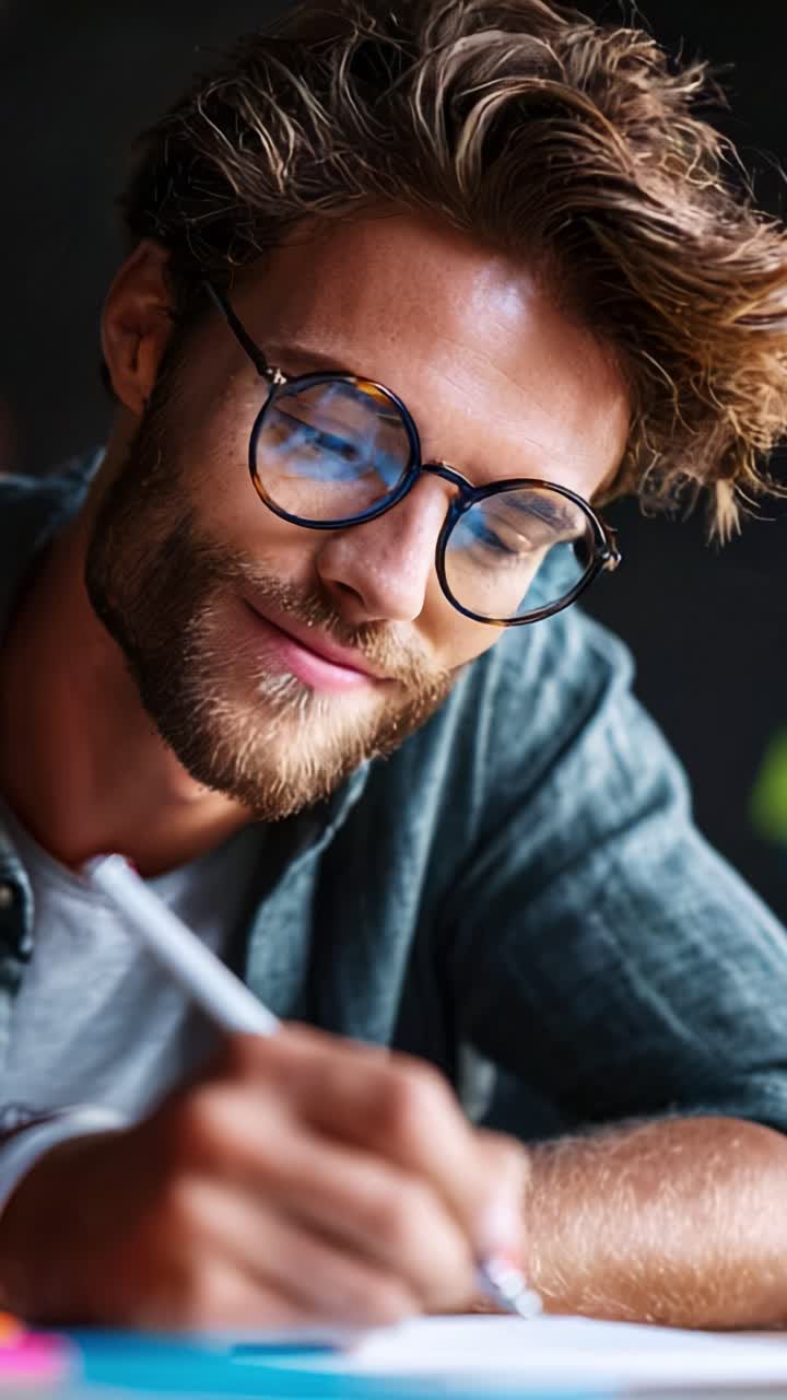 Um jovem concentrado de óculos está escrevendo intensamente com uma caneta, expressando criatividade em meio a anotações coloridas e uma atmosfera aconchegante e calorosa