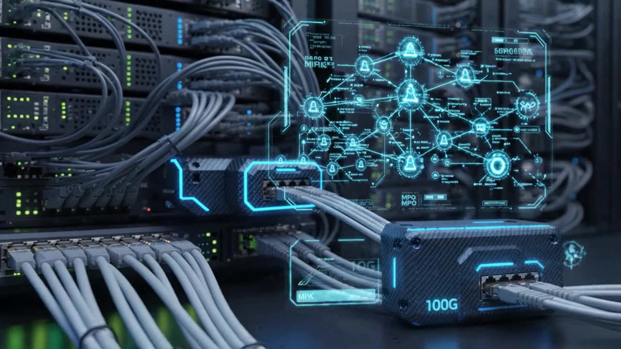 Advanced Networking Technology Showcased with High-Speed Connections and Data Flow in a Modern Server Room Featuring a Futuristic Design