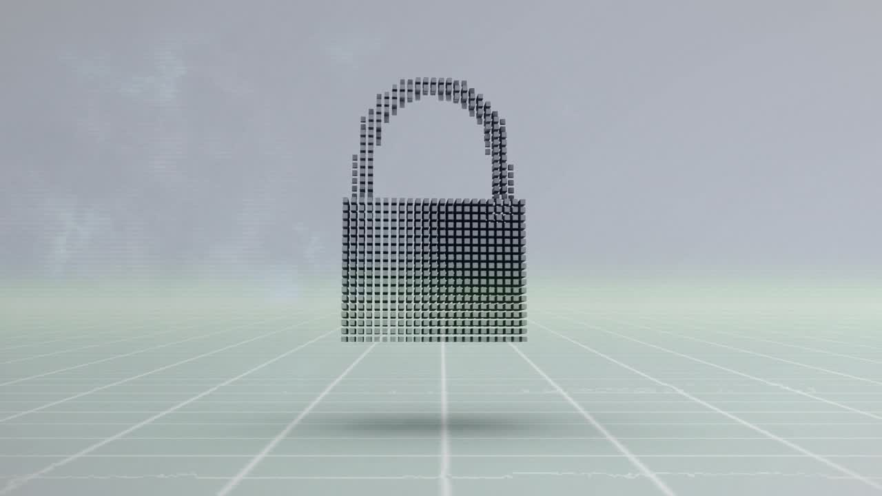 Animation of digital padlock icon and data processing over grid background