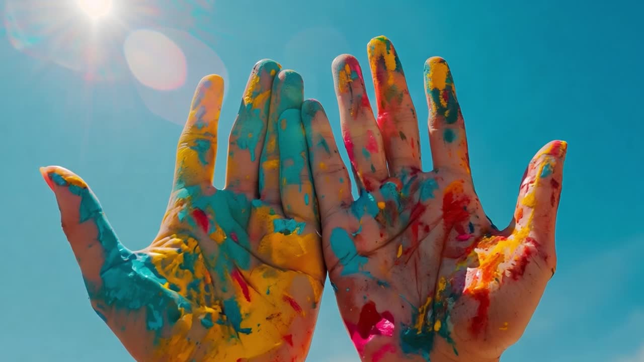 Colorful Painted Hands Against a Bright Blue Sky