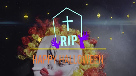 Animation-of-happy-halloween-and-rip-text-on-tombstone-with-stars-and-clown-mask-falling-in-the-back