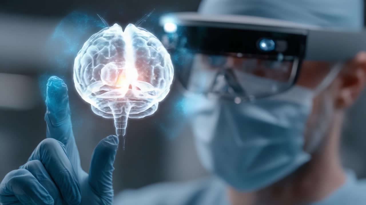 Technologie Innovante en Neurosciences: Un professionnel utilisant la réalité augmentée pour explorer les complexités du cerveau humain dans un environnement médical moderne