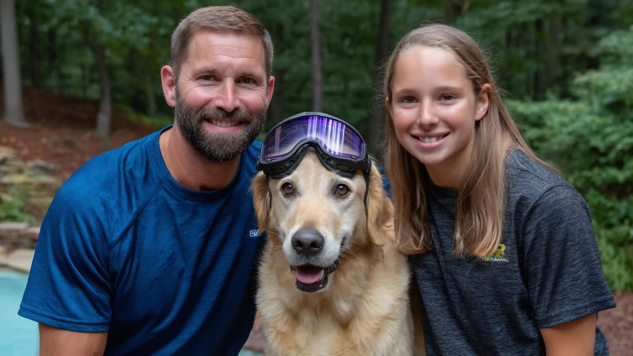 A Heartwarming Moment: A Man, a Girl, and their Adorable Golden Retriever with Stylish Goggles Enjoying Life Together in Nature's Embrace