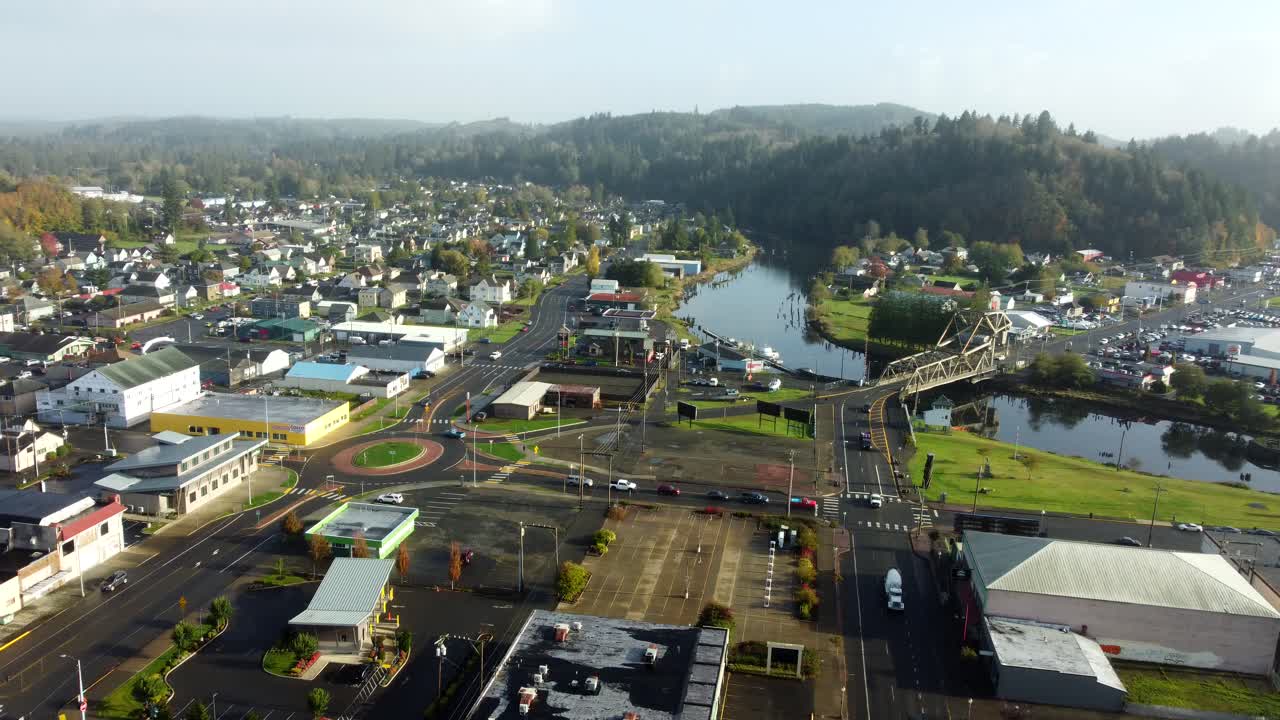 US, WA, Aberdeen, 2025-10-29 - Drone view of the city in Fall
