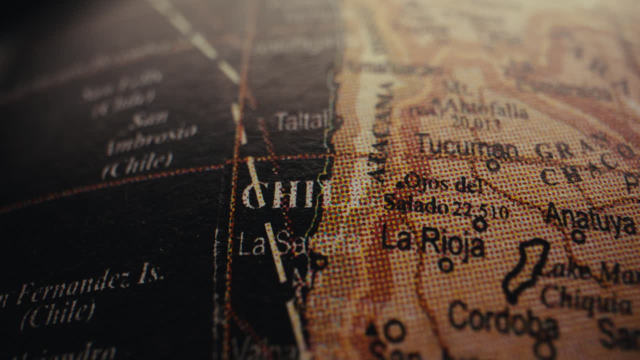 Close-up of a vintage world map focusing on Chile