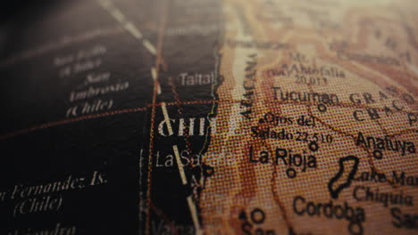 close-up of a vintage world map focusing on chile