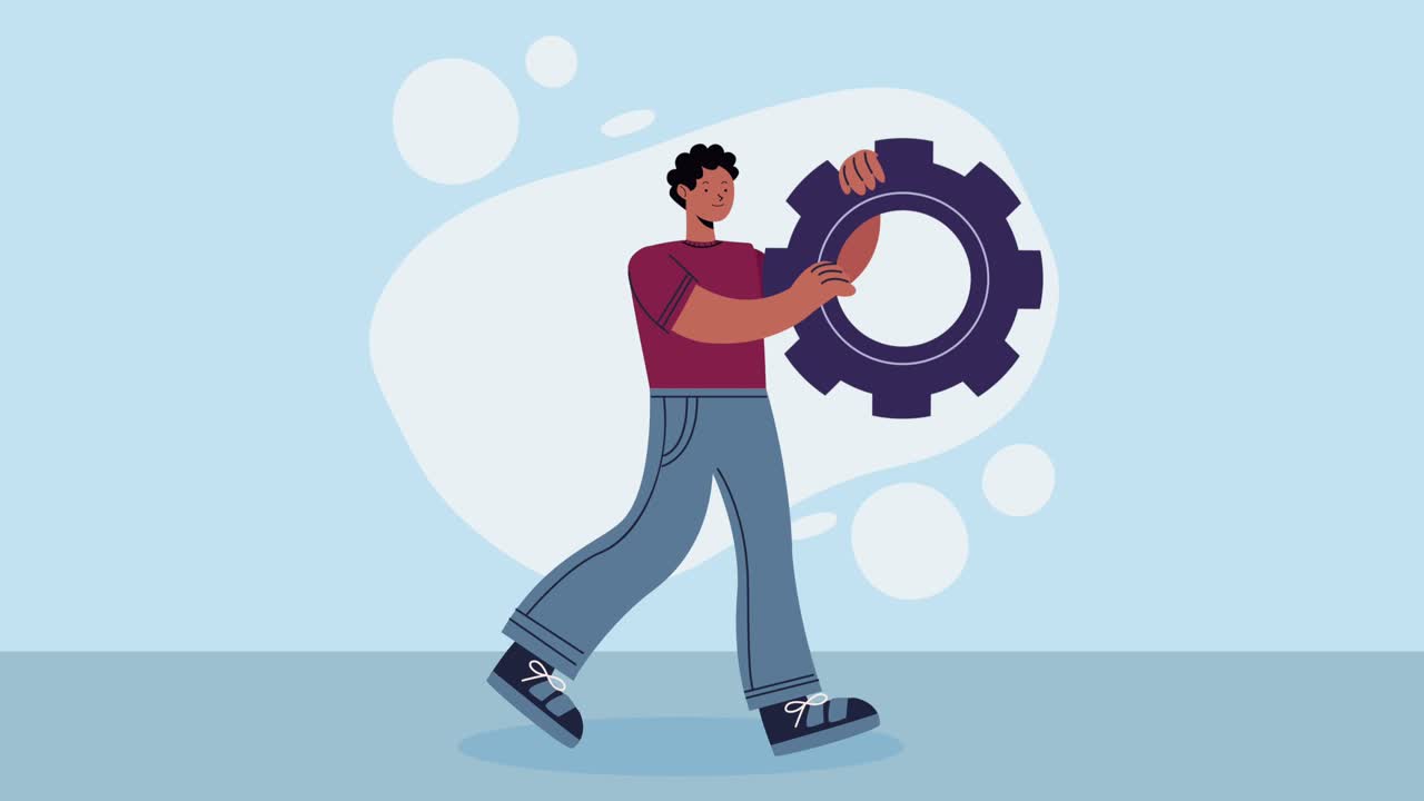 young man walking with gear animation