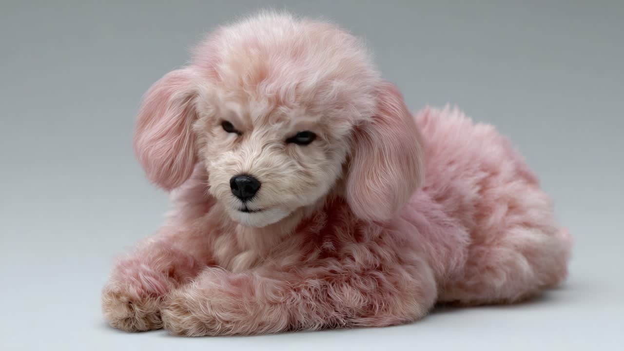 Adorabile cucciolo rosa soffice con morbida pelliccia sdraiato comodamente, che mostra la sua espressione affascinante e l'atteggiamento giocoso in un'ambientazione di sfondo minimalista