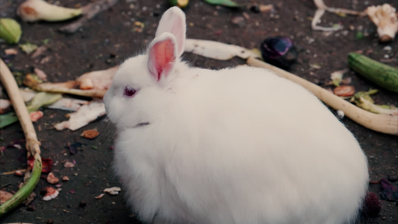 Close up of a white rabbit sitting near food on the ground