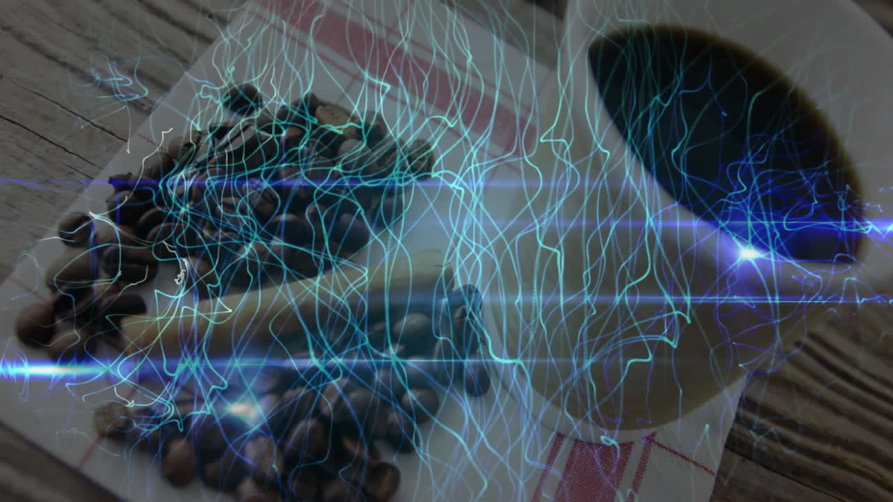 White ceramic coffee cup sitting on table scattered coffee beans while glowing neon trails weaving