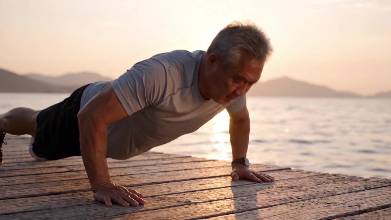 An Inspiring Journey of Strength and Determination: A Man Engaging in Push-Ups on a Serene Dock at Sunset, Celebrating Fitness and Resilience