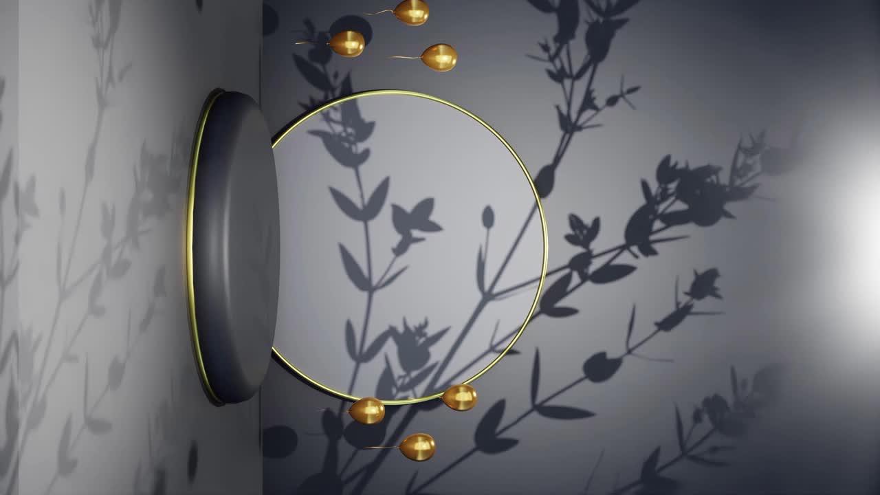 흑색 배경에 부드러운 바람에 의해 움직이는 나무 그림자를 가진 보석과 럭셔리 품목에 대한 제품 디스플레이의 수직 전자 상거래 온라인 상점