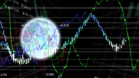 Animation-of-planet-earth-with-financial-data-processing-on-black-screen