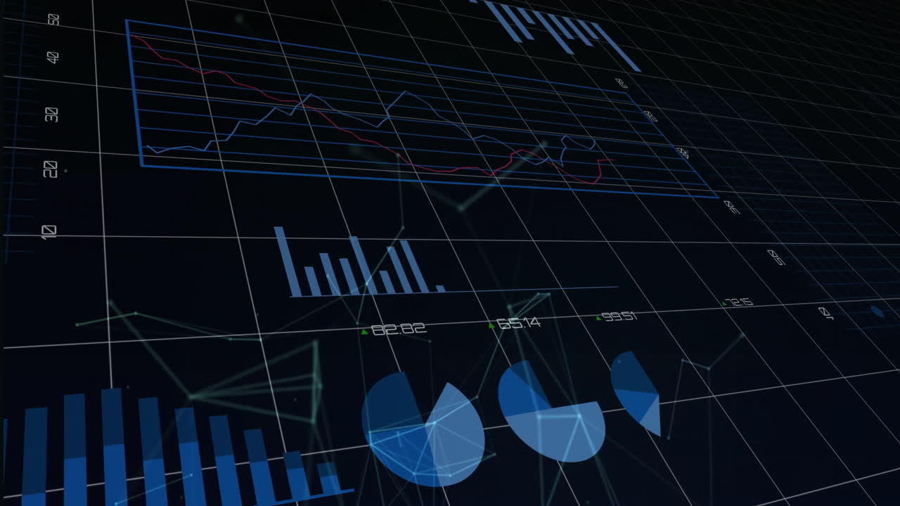 Vertical blue bars floating over translucent 3D grid, showing red and blue line graphs shifting