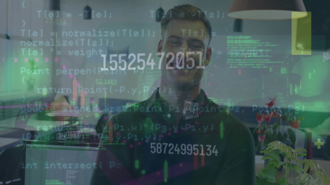 animación del procesamiento de datos financieros sobre el empresario caucásico