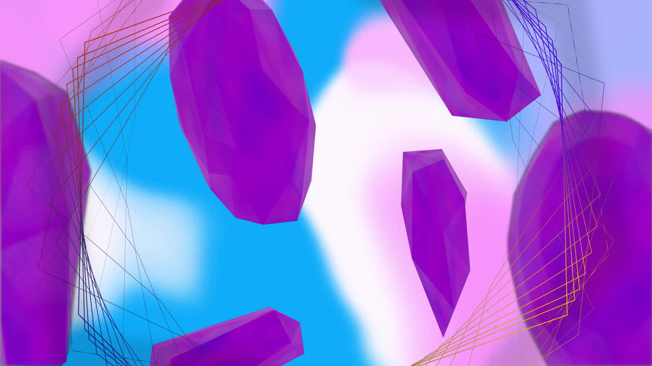 animación de la estructura de la red sobre formas púrpuras 3d que giran sobre un fondo rosa suave y azul