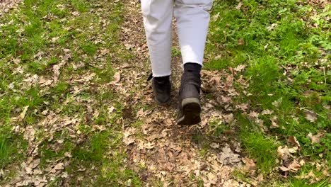 Low-angle-track-shot-of-female-person-walking-on-forest-path-with-falling-leaves-and-green-grass-field-during-sunny-day-in-nature