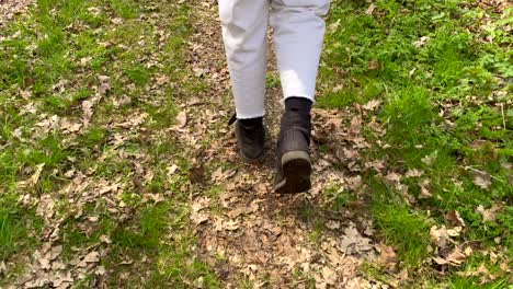tiro de pista de ángulo bajo de una mujer caminando por un sendero forestal con hojas que caen y campo de hierba verde durante el día soleado en la naturaleza