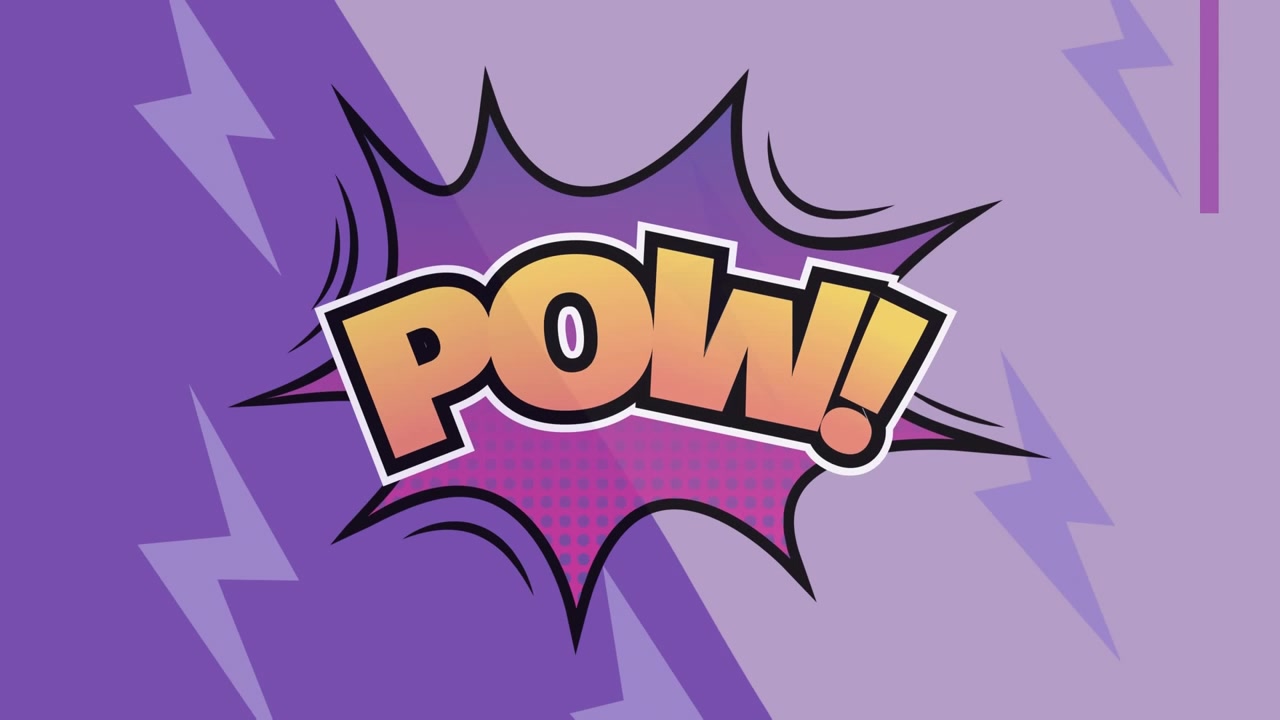 Animation af tekst, pow, i orange på eksplosionssky over lilla og lyslilla lyn