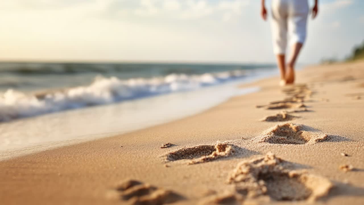 A serene beach scene with footprints in the sand, captured from a low angle