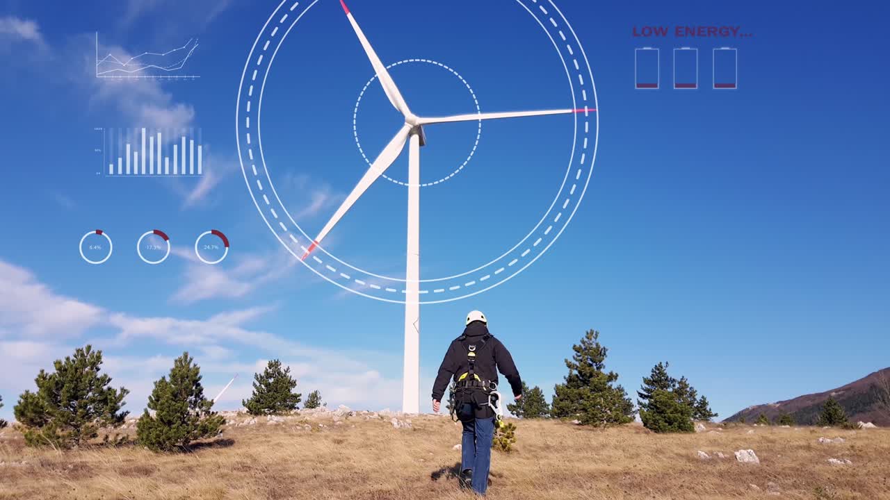 Tekniker går mot en trasig vindkraftgenerator med animerad visualisering.