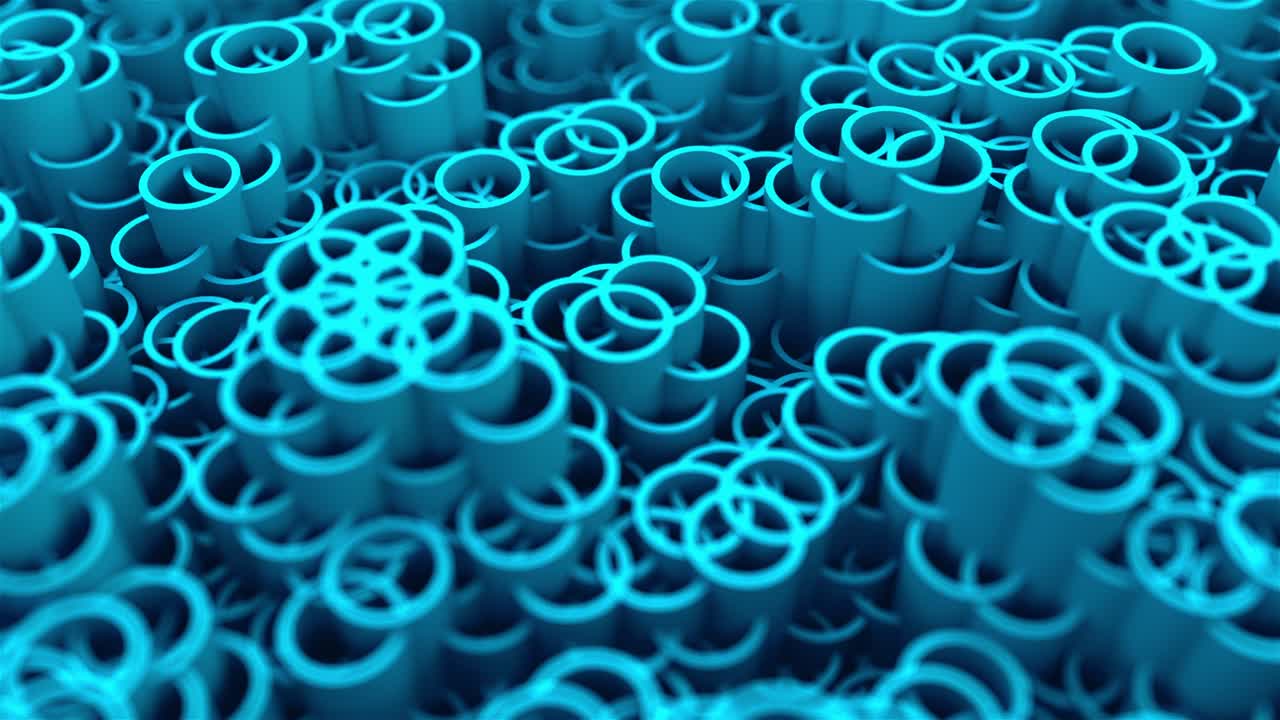 fondo de muchos círculos, un montón de cilindros de intersección 3d, fondo generado por computadora