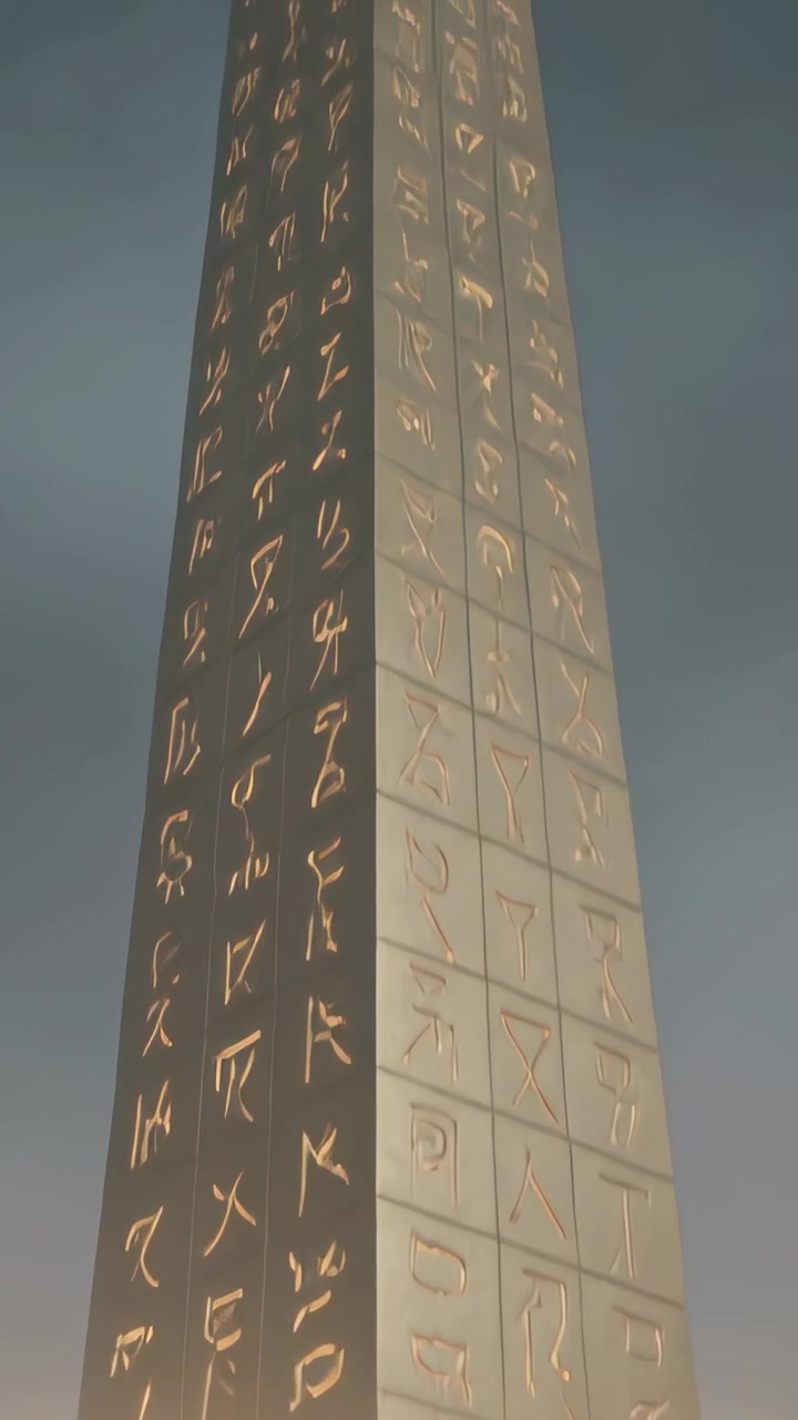 Vertical video: Tilting camera up revealing obelisk apex at monument with panels and glowing band