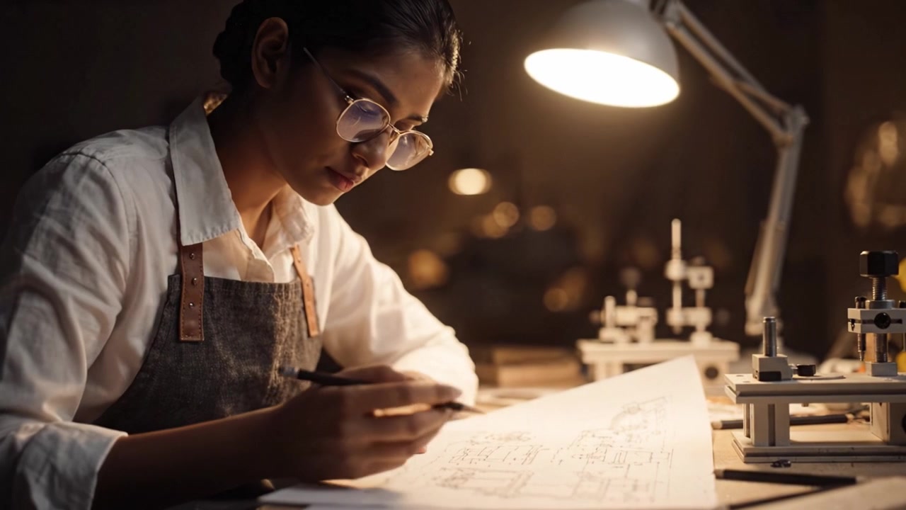 Focused Young Designer at Work Creating Detailed Technical Drawings Under Soft Lighting, Demonstrating Concentration and Artistic Skill in a Creative Environment