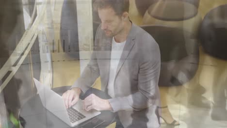 Animation-of-timelapse-with-people-over-caucasian-businessman-with-laptop-in-office
