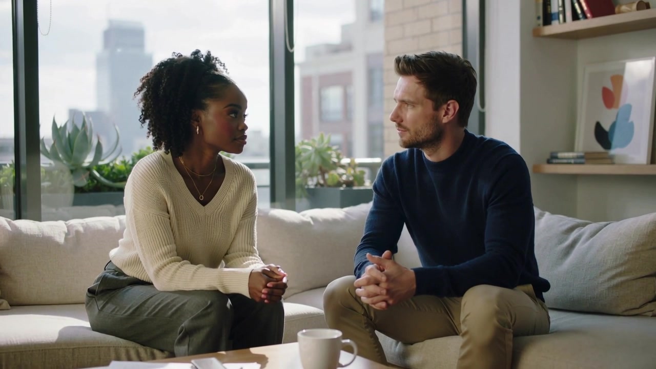 Leaning woman in cream sweater initiating talk and explaining papers to listening man in apartment