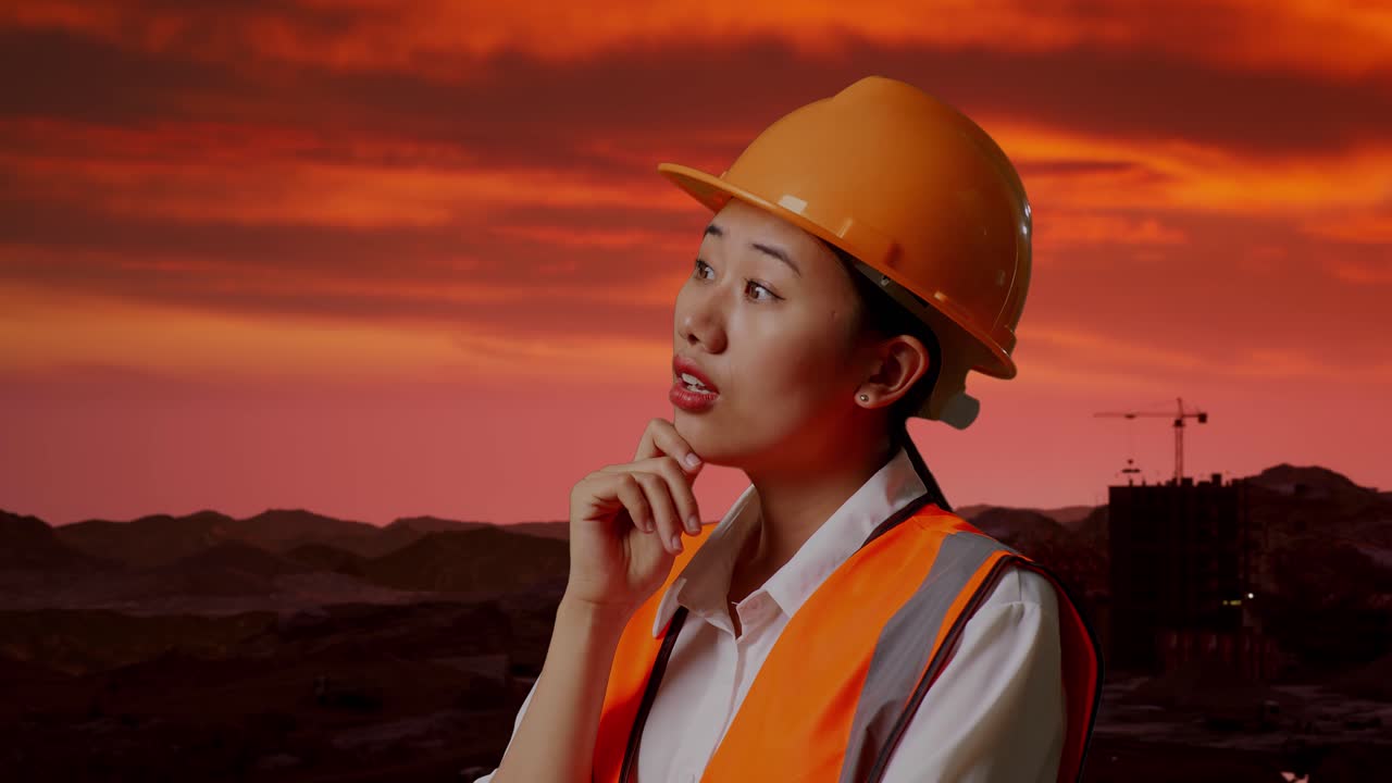 vista lateral de cerca de una ingeniera asiática con casco de seguridad pensando y mirando a su alrededor y luego levantando el dedo índice mientras está de pie en el sitio de construcción, maquinaria de minería