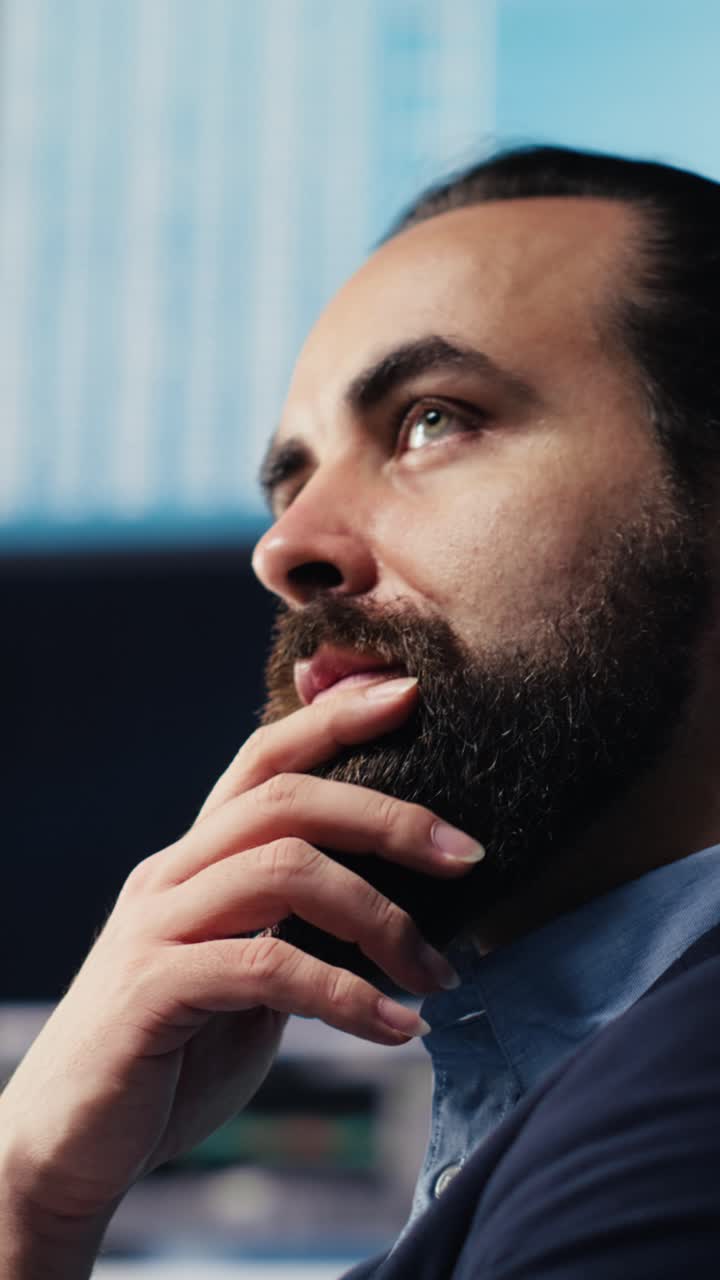 Vertical Video Modern business leader thinking about new successful ideas for growth