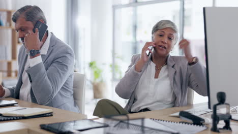 Phone-call,-angry-and-business-people-in-office