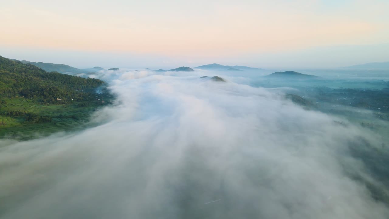 공중 전망: 언덕과 해가 뜨는 풍경으로 안개 위로 날아갑니다.