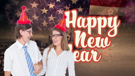 animation of happy couple in glasses celebrating, over happy new year text and flag of america