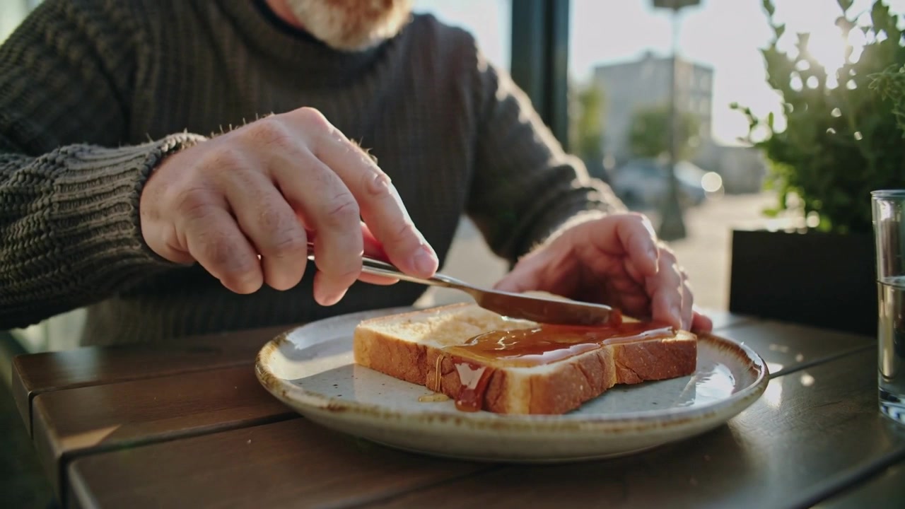 Spreading deposit on slice, man in dark sweater guiding butter knife at outdoor table for snack