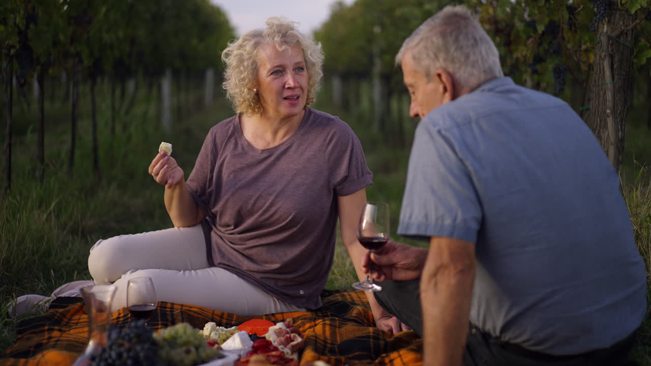 Elderly Couple Enjoying a Picnic in a Vineyard