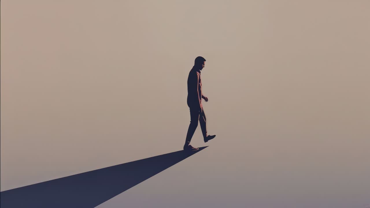 Walking man in jacket moving right across gradient plane, off-frame light casting triangular shadow