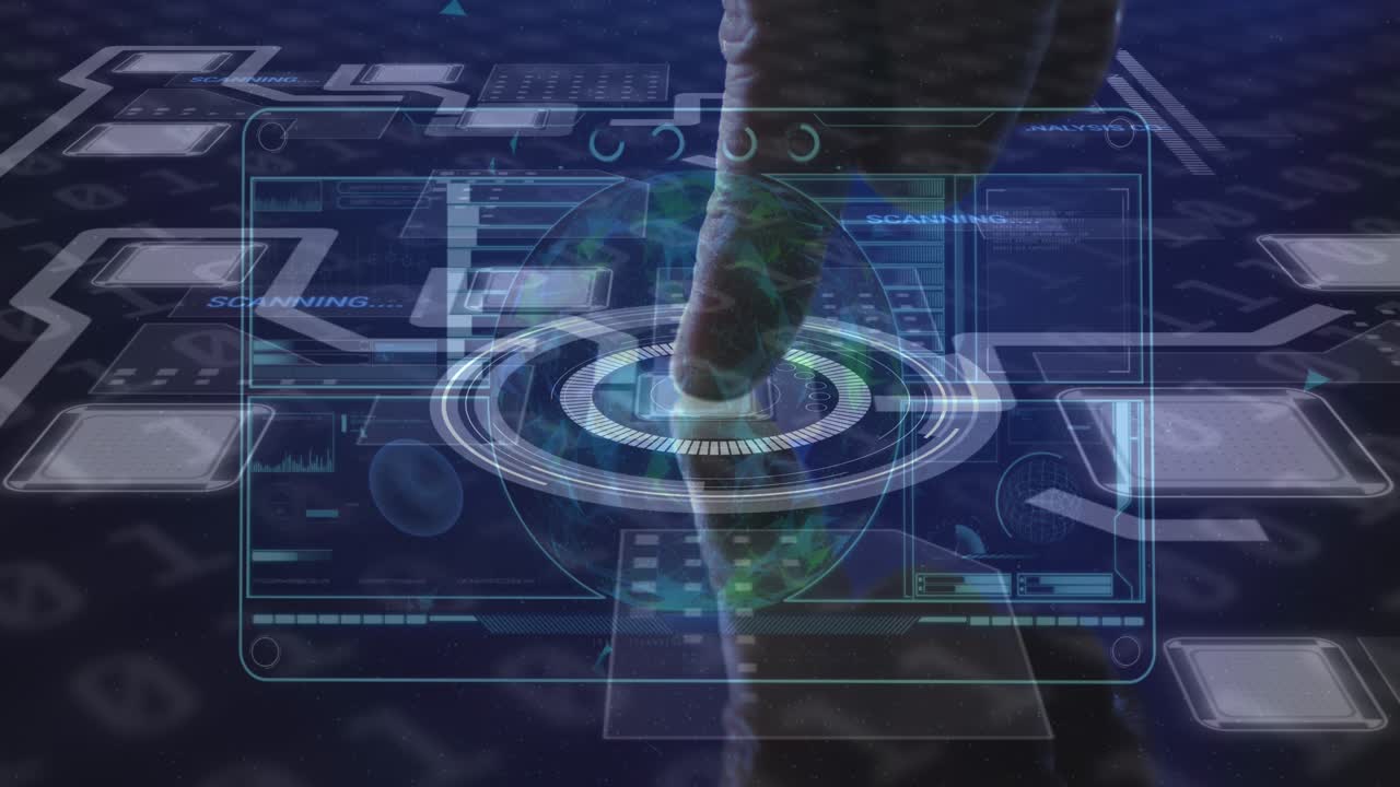 Animation of data processing on digital screen and hand of man using touchscreen