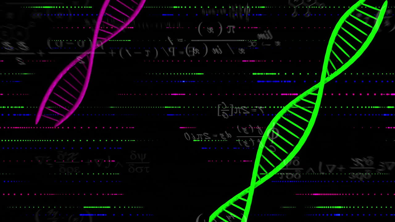 Processing scientific data, animation showing DNA strands and binary coding