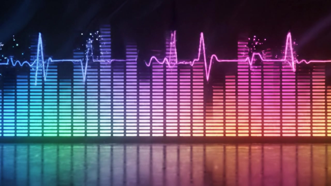 Dynamic Sound Visualizer Displaying Colorful Equalizer Bars in Vibrant Spectrum with Pulsating Wave Patterns Capturing the Rhythm of Music and Audio Frequencies