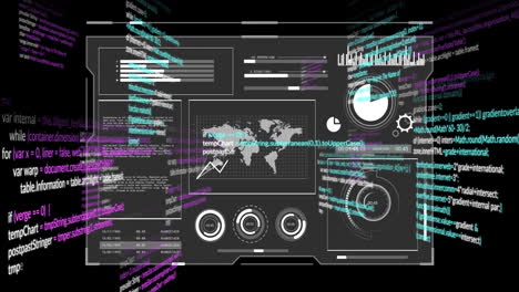 animation of data processing and world map over dark background