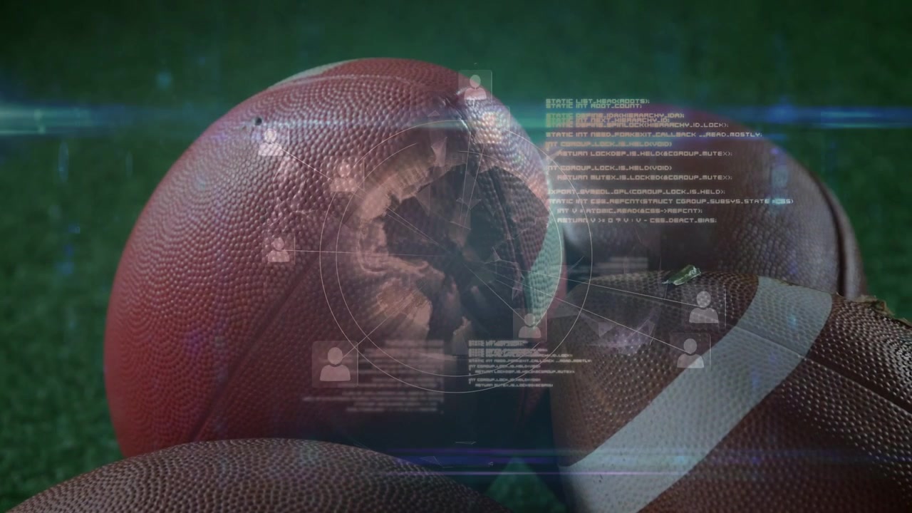 Flare streaks crossing frame and sparking HUD appearing over footballs, showing sports data network